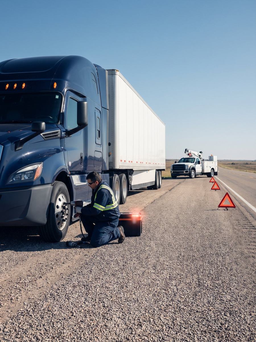 A mobile mechanic fits a new steer tire on a navy tractor on the shoulder of a Texas highway, warning triangles set out behind the truck.