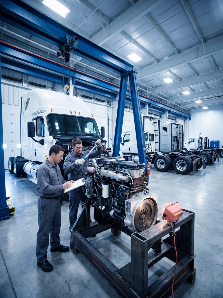 Two technicians rebuild a diesel engine on a stand in a heavy-duty dealer’s service bay.