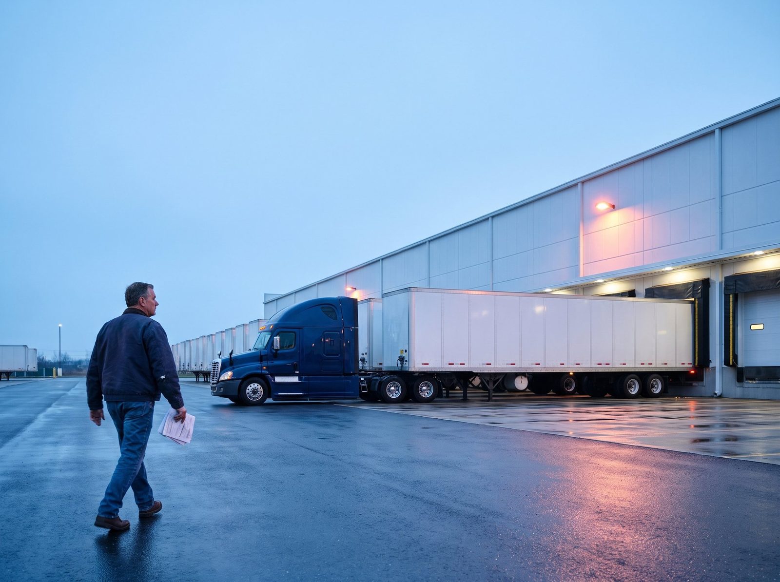 A driver walks across a damp lot at first light toward a navy tractor at the dock doors, paperwork in hand.
