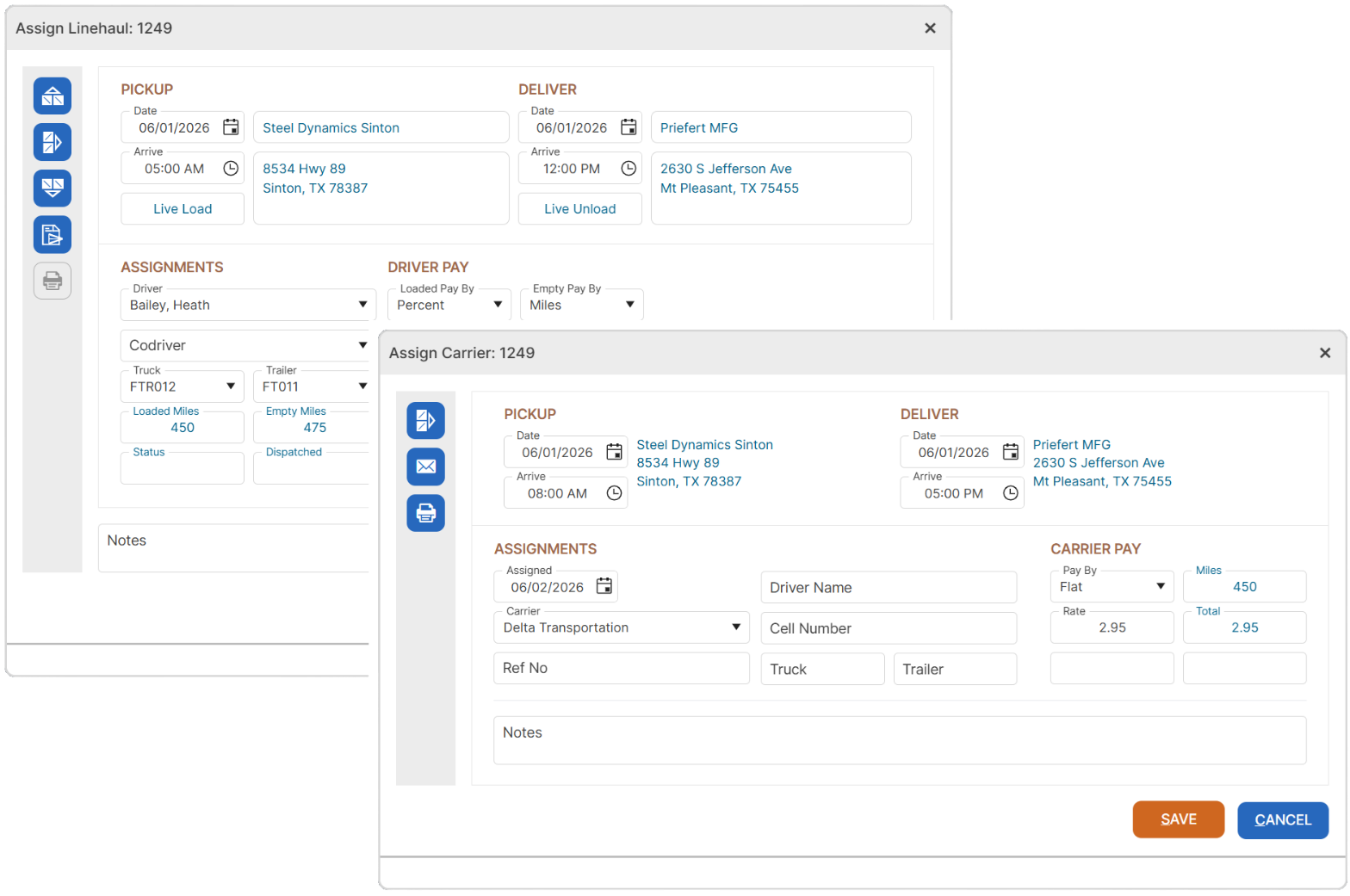 Assign Driver and Carrier forms
